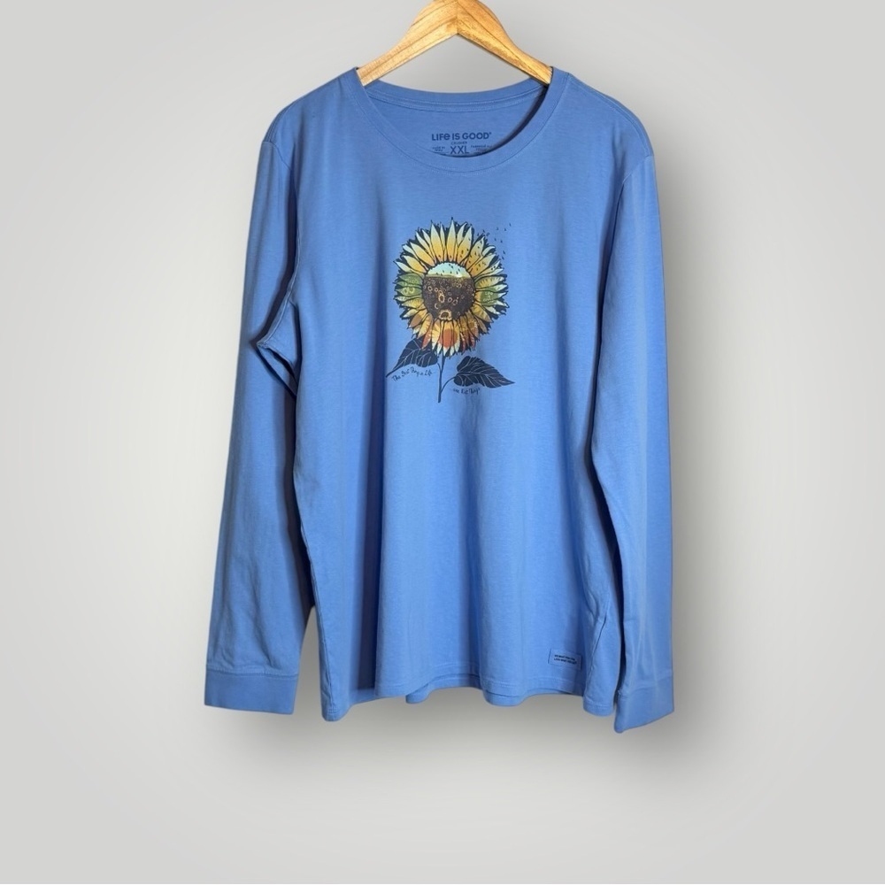 Life is Good Sunflower T Shirt Size XL Crusher Tee Long Sleeve Cotton Blue - Picture 2 of 7